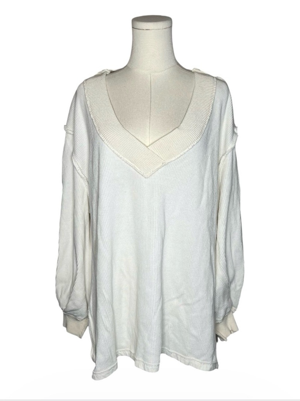 We The Free Asher V Neck Oversized Thermal Long Sleeve Top in Ivory Size XS